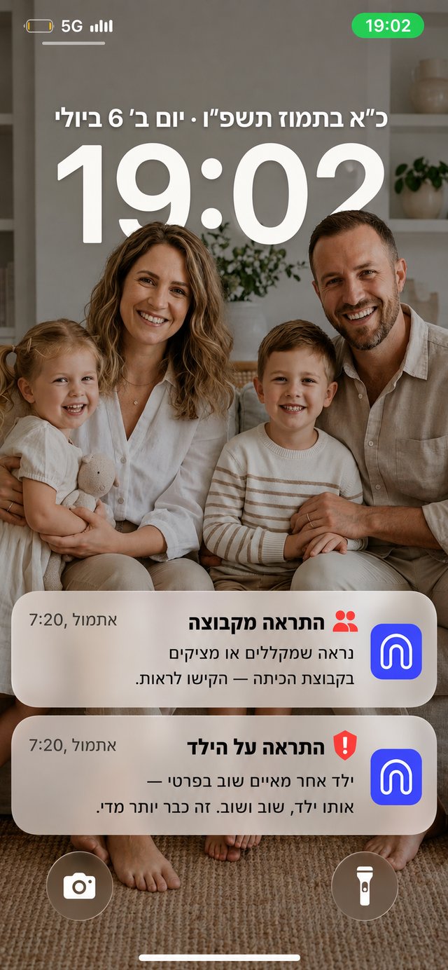 מסכי אפליקציית Nanny מתחלפים: נעילה, צ׳אט, בית, התראות, פעילות והגדרות